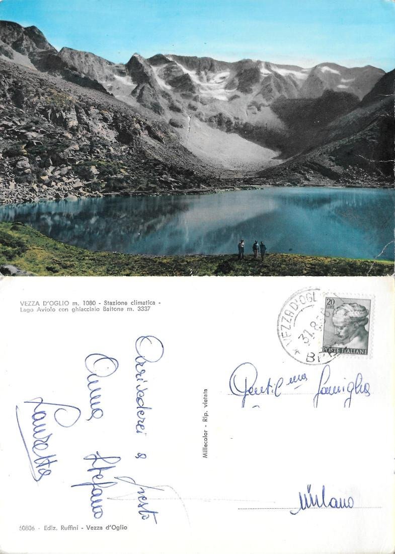 Vezza d'Oglio. Lago Aviolo con ghiacciaio Baitone. Viaggiata 1986