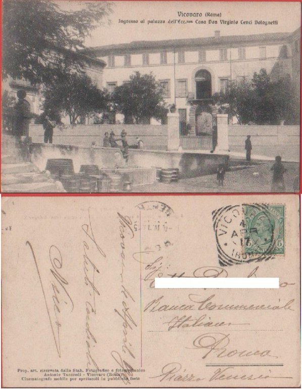 Vicovaro (RM). Ingresso al palazzo Casa Don Virginio Cenci Bolognetti. Viaggiata 1917. Animata
