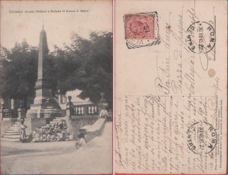 Vicovaro (RM). Obelisco e fontana in piazza S. Pietro. Viaggiata 1915. Animata
