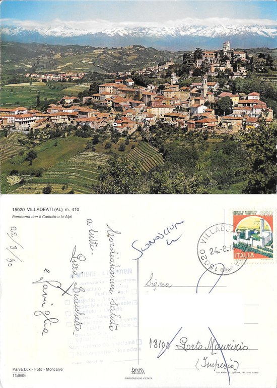 Villadeati (AL). Panorama con il Castello e le Alpi -  Viaggiata 1990