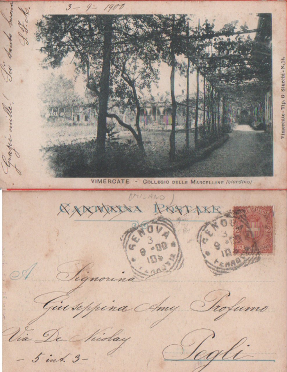 Vimercate. Collegio delle Marcelline (giardino). Viaggiata 1900