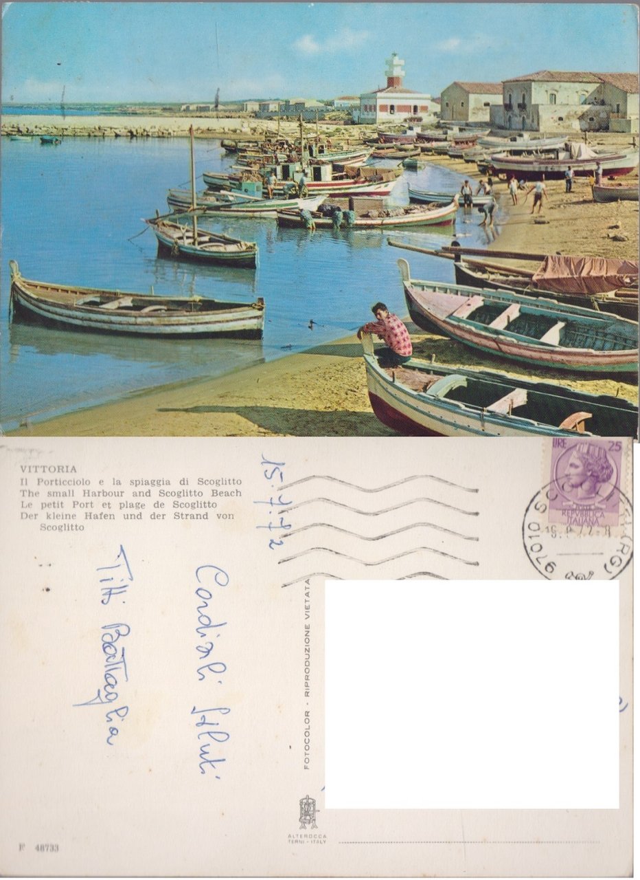 Vittoria (RG). Il porticciolo e spiaggia di Scoglitto. Viaggiata 1972