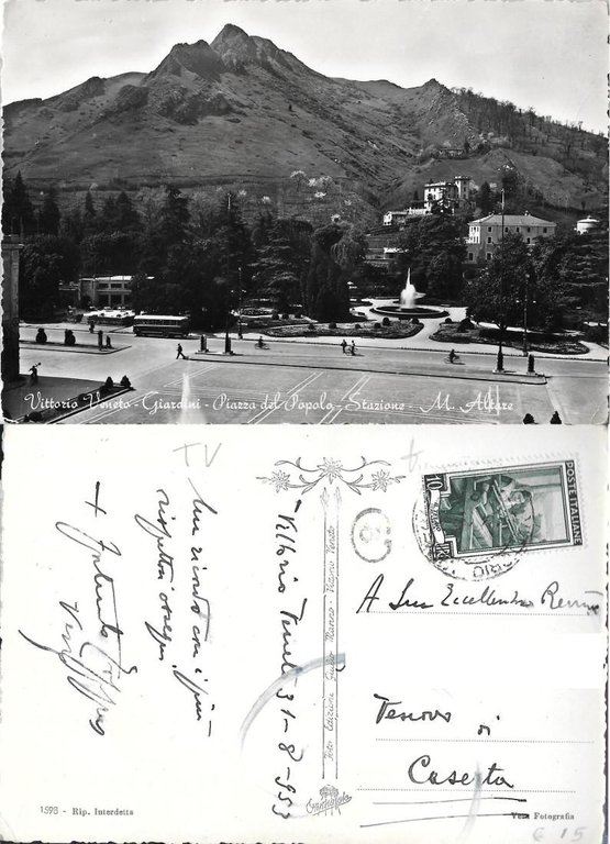 Vittorio Veneto. Giardini, Piazza del Popolo, Stazione, M. Altare . Viaggiata 1953