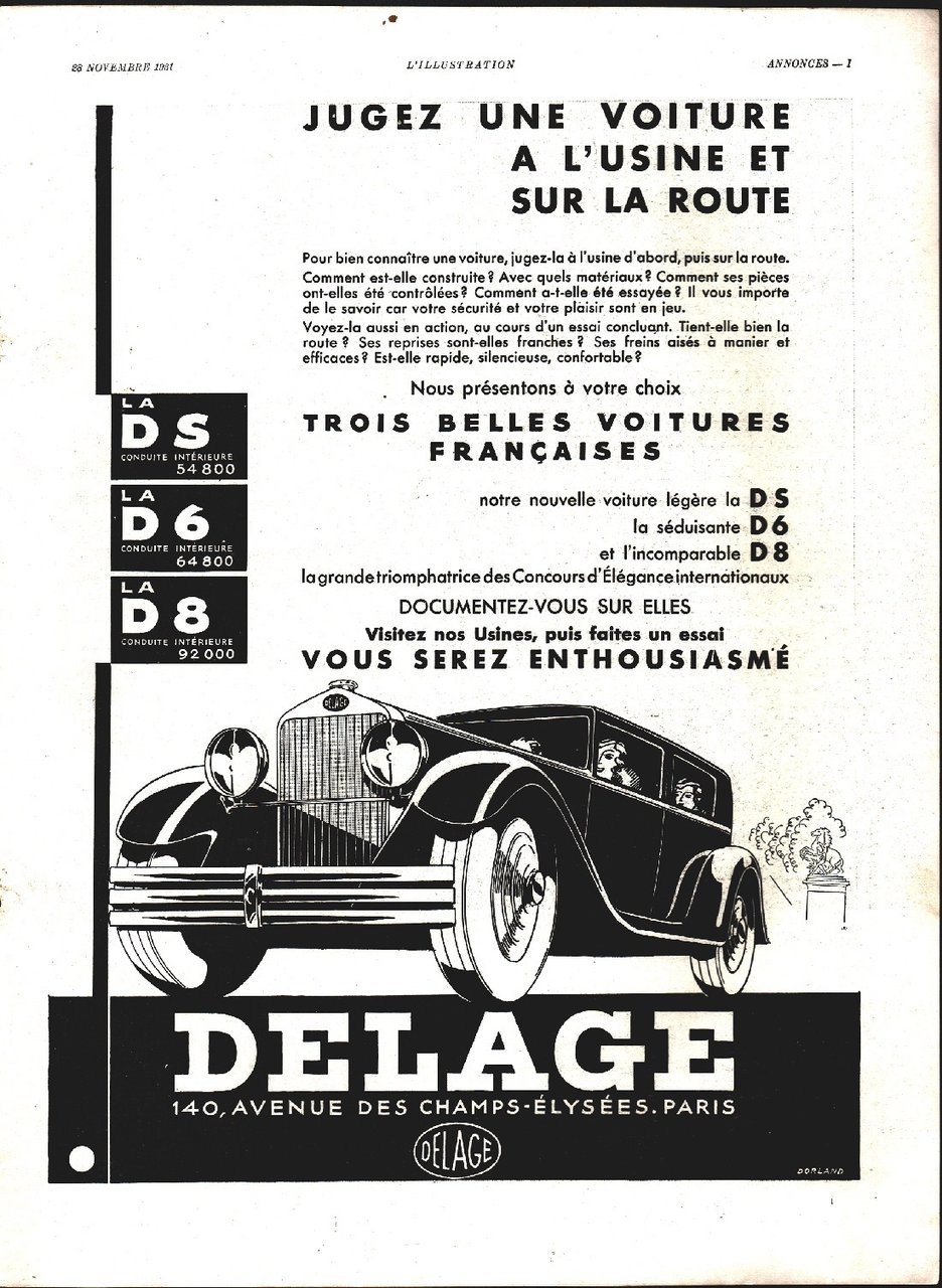Voitures Delage / Pates alimentaires Delices Ferrand&amp;Renaud. Advertising 1932