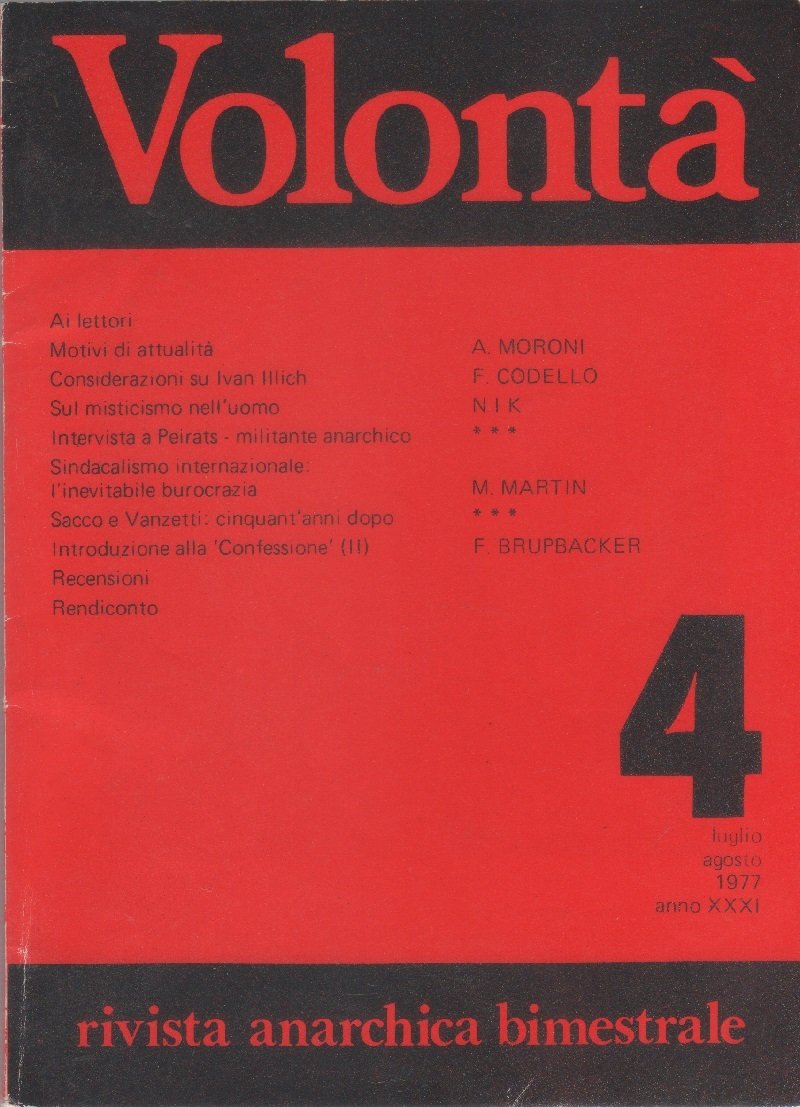 Volontà. Rivista Anarchica. n. 4 luglio/agosto 1977. Anno XXXI | Immagine principale