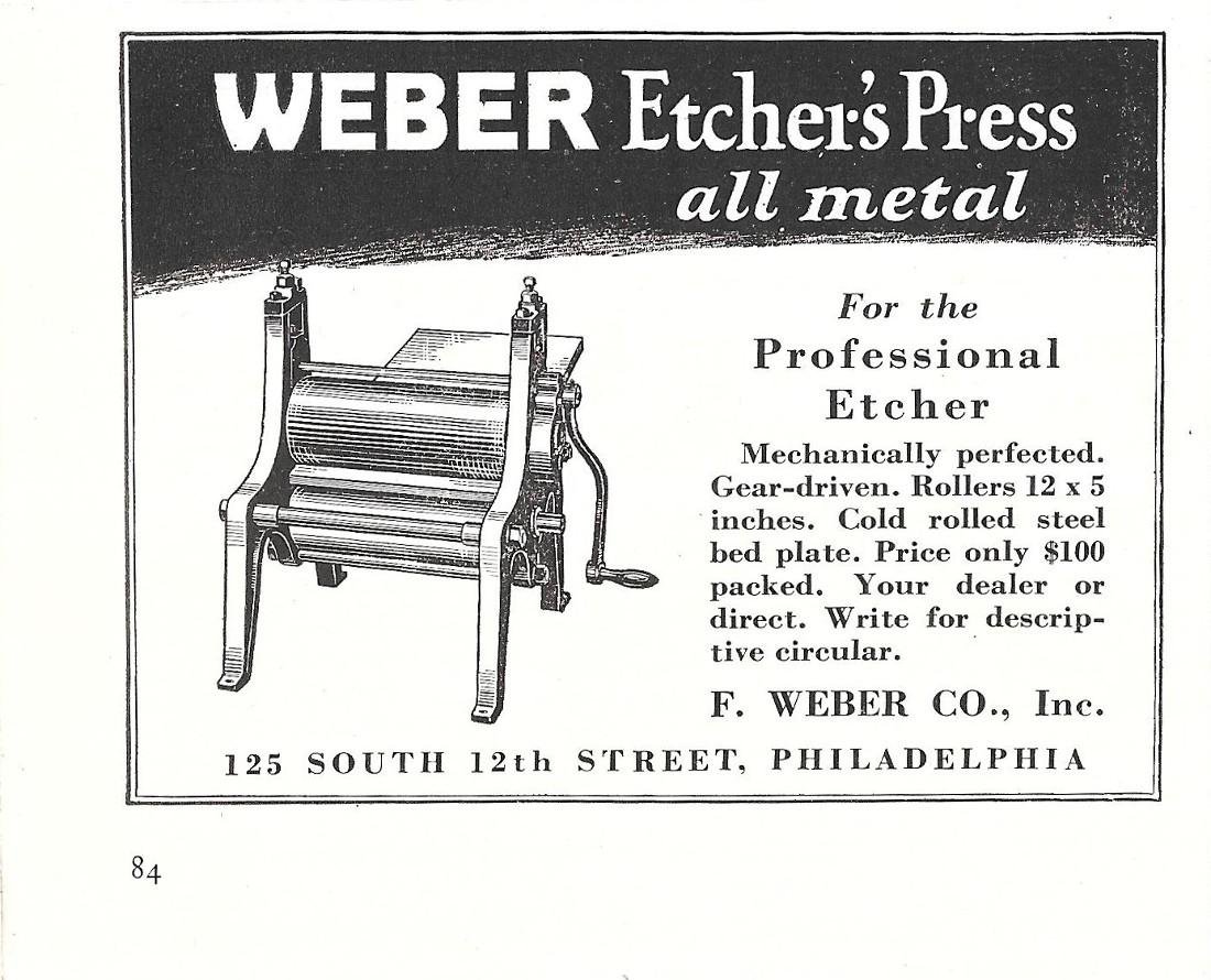 Weber etchers' press all metal. Philadelphia. Pubblicita 1929