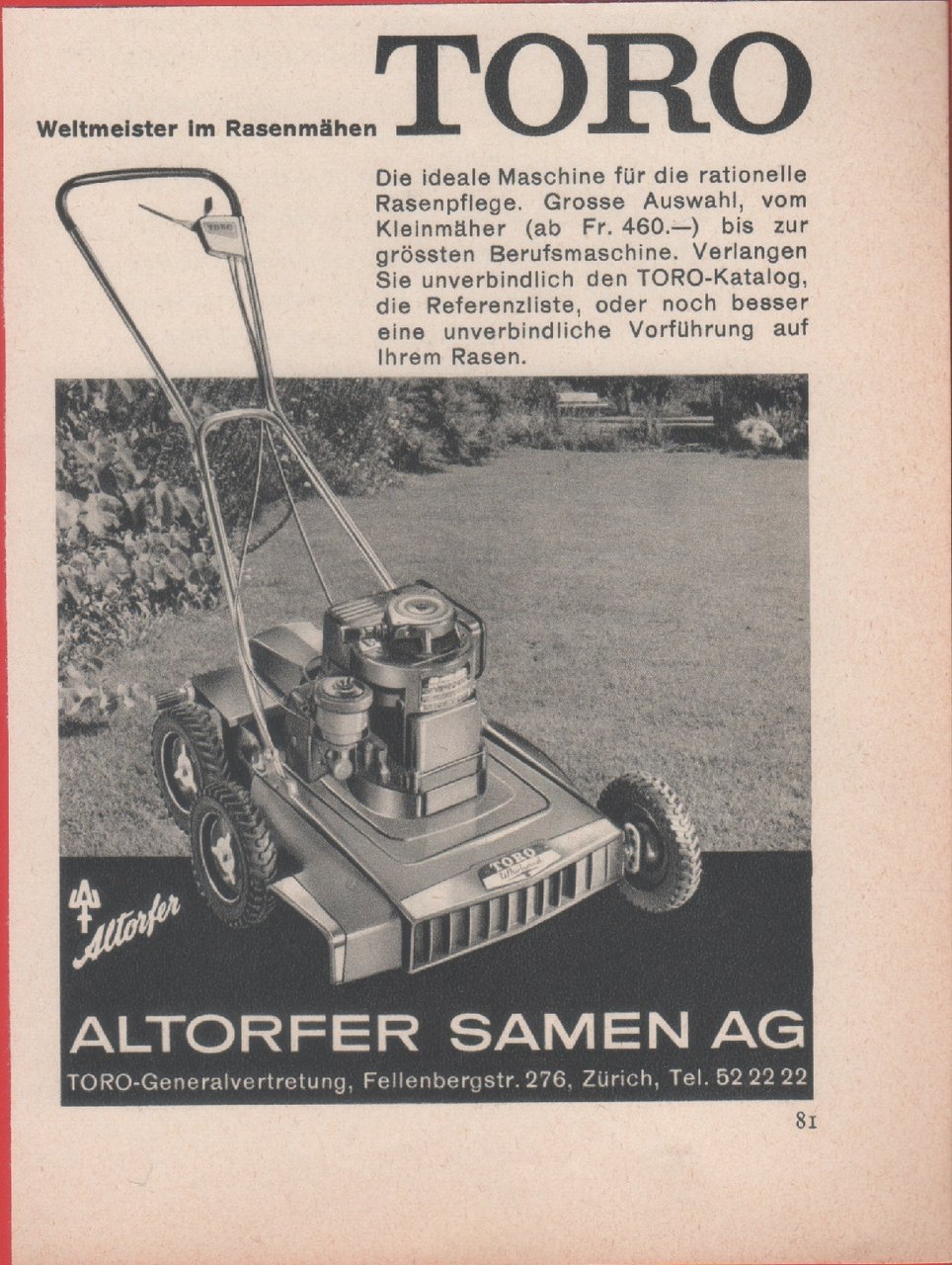Weltmeister im Rasenmähen Toro. Advertising 1958