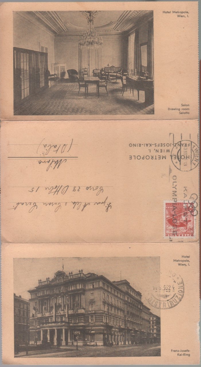 Wien. Hotel Metropole. Carta da lettera/cartolina. Viaggiata 1936