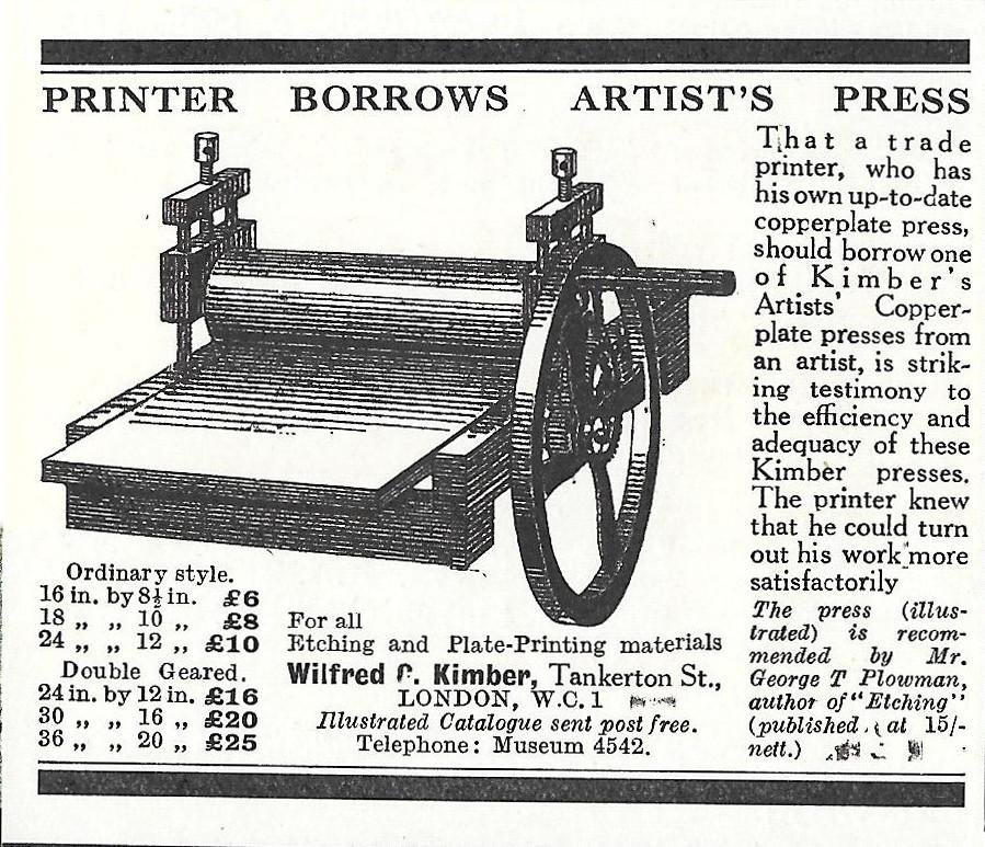 Wilfred &amp; Kimber. Printer borrows Artist's press. Advertising 1924