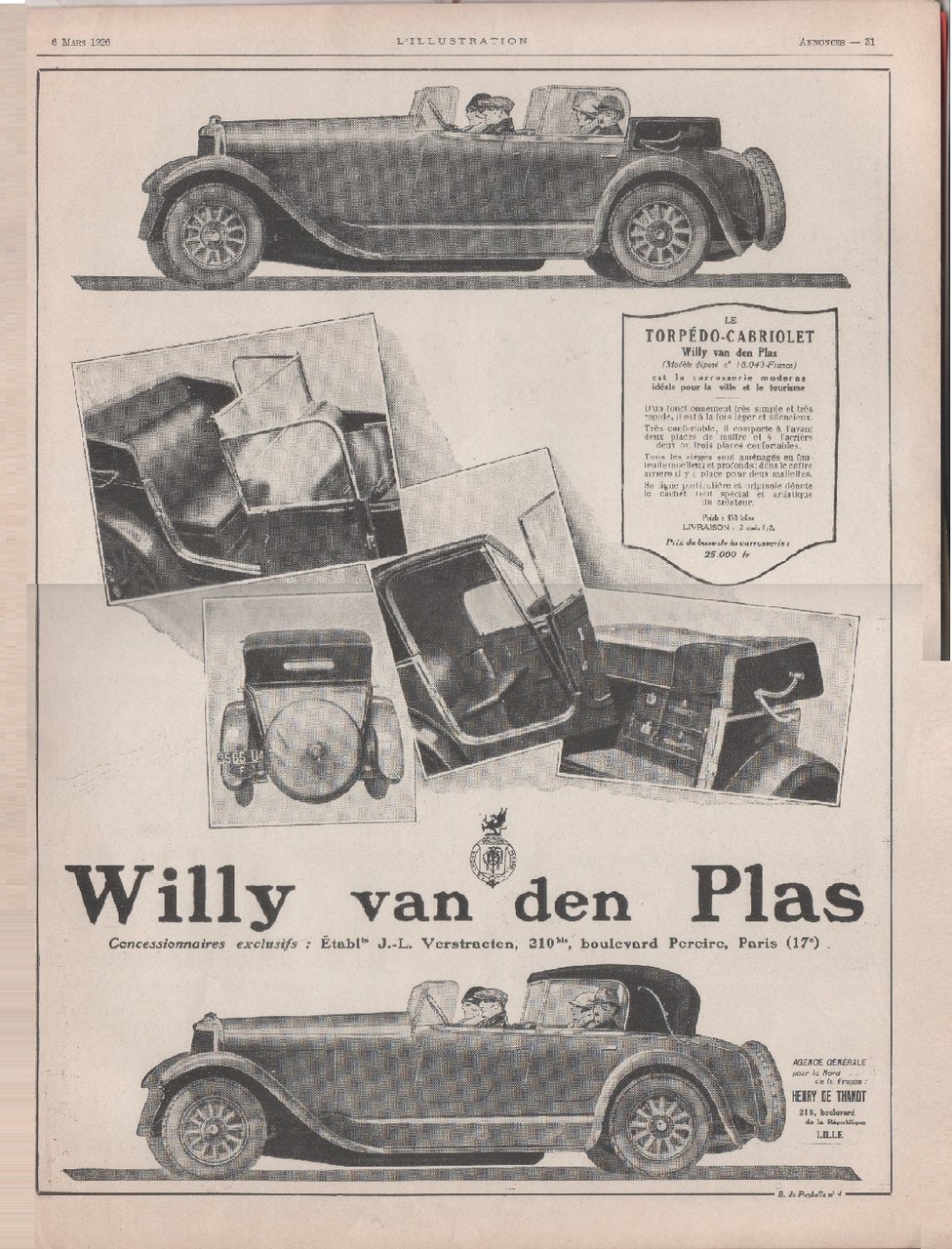 Willy van den Plas, torpedo-cabriolet. Advertising 1926