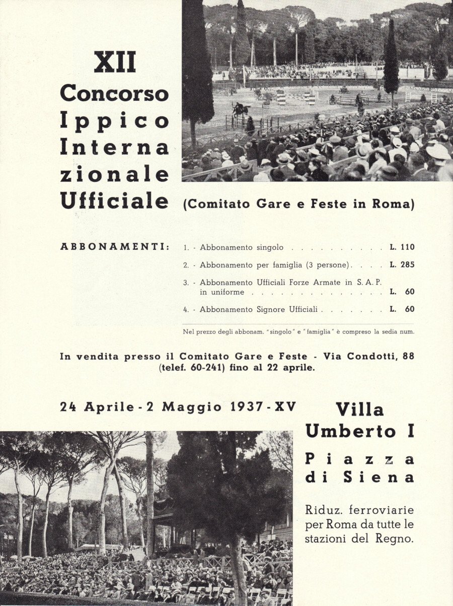 XII Concorso Ippico Internazionale. Piazza di Siena Roma. Advertising 1937