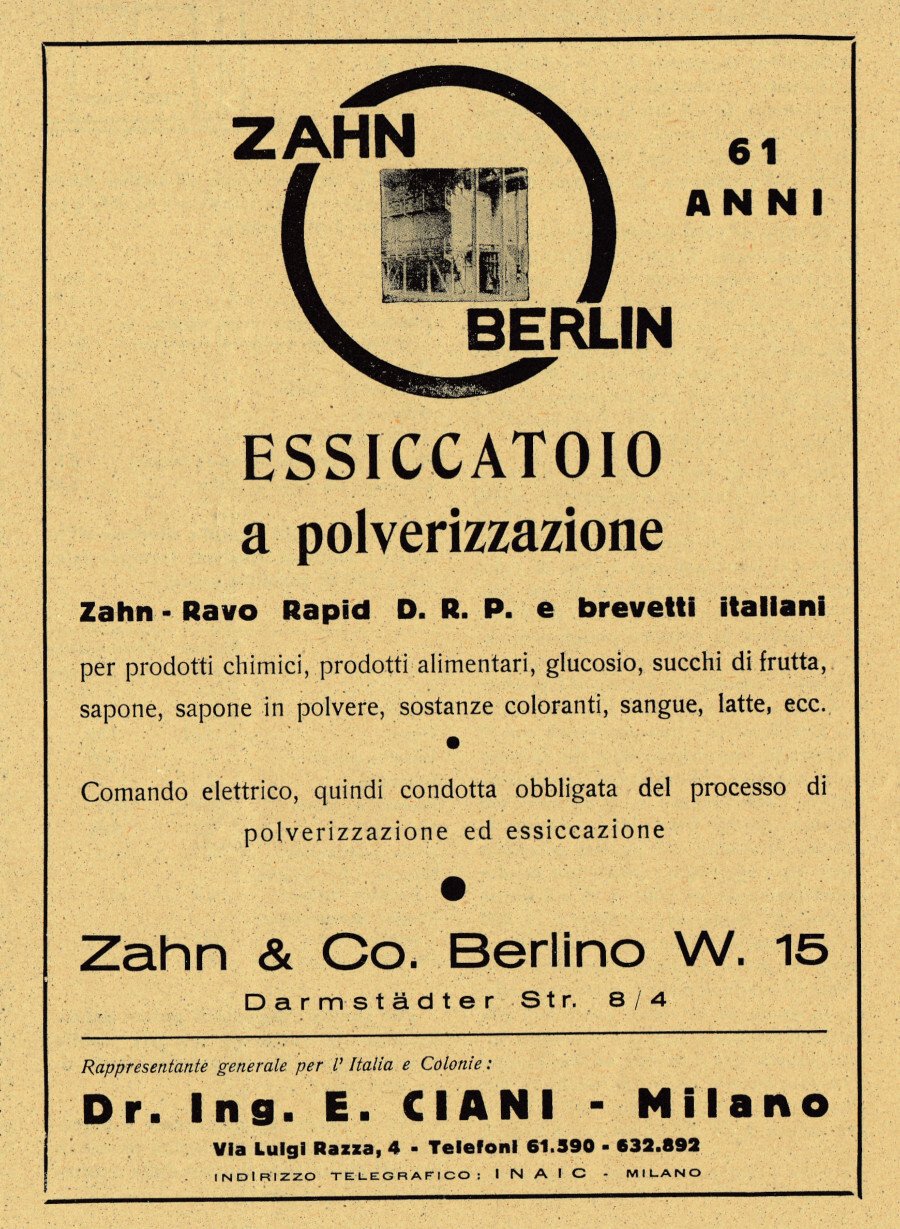 Zahn Berlin essiccatoio a polverizzazione. Advertising 1943