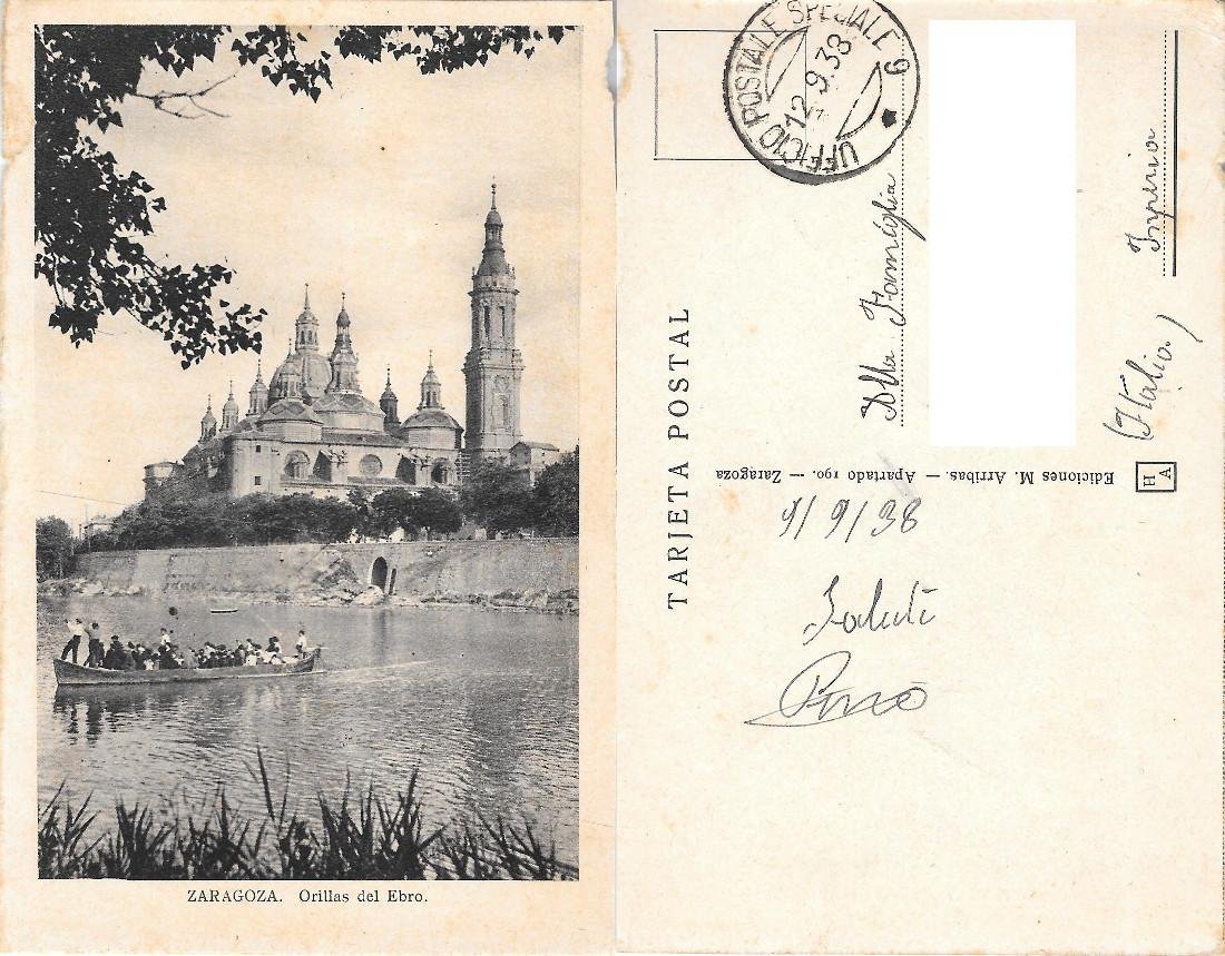 Zaragoza. Orillas del Ebro. Viaggiata 1938. Barca