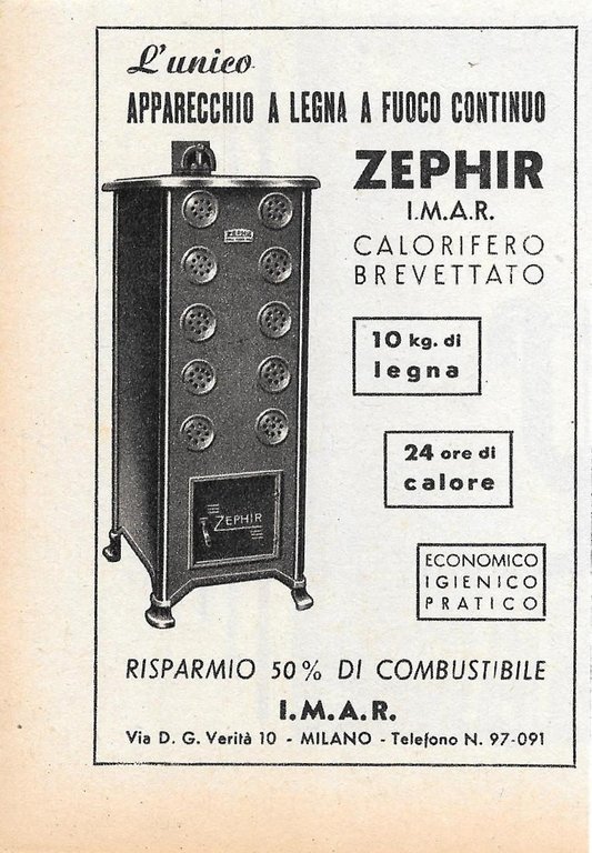 Zephir. L'unico apparecchio a legna a fuoco continuo.  Advertising  1947