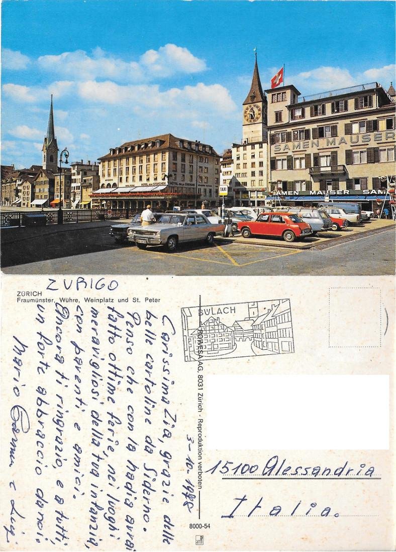 Zurigo. Fraumunster, Wuhre, Weinplatz und St. Peter. Viaggiata 1978