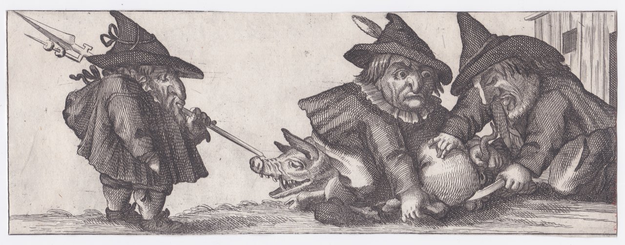 Tre figure grottesche castrano un maiale, 1687 | Immagine principale