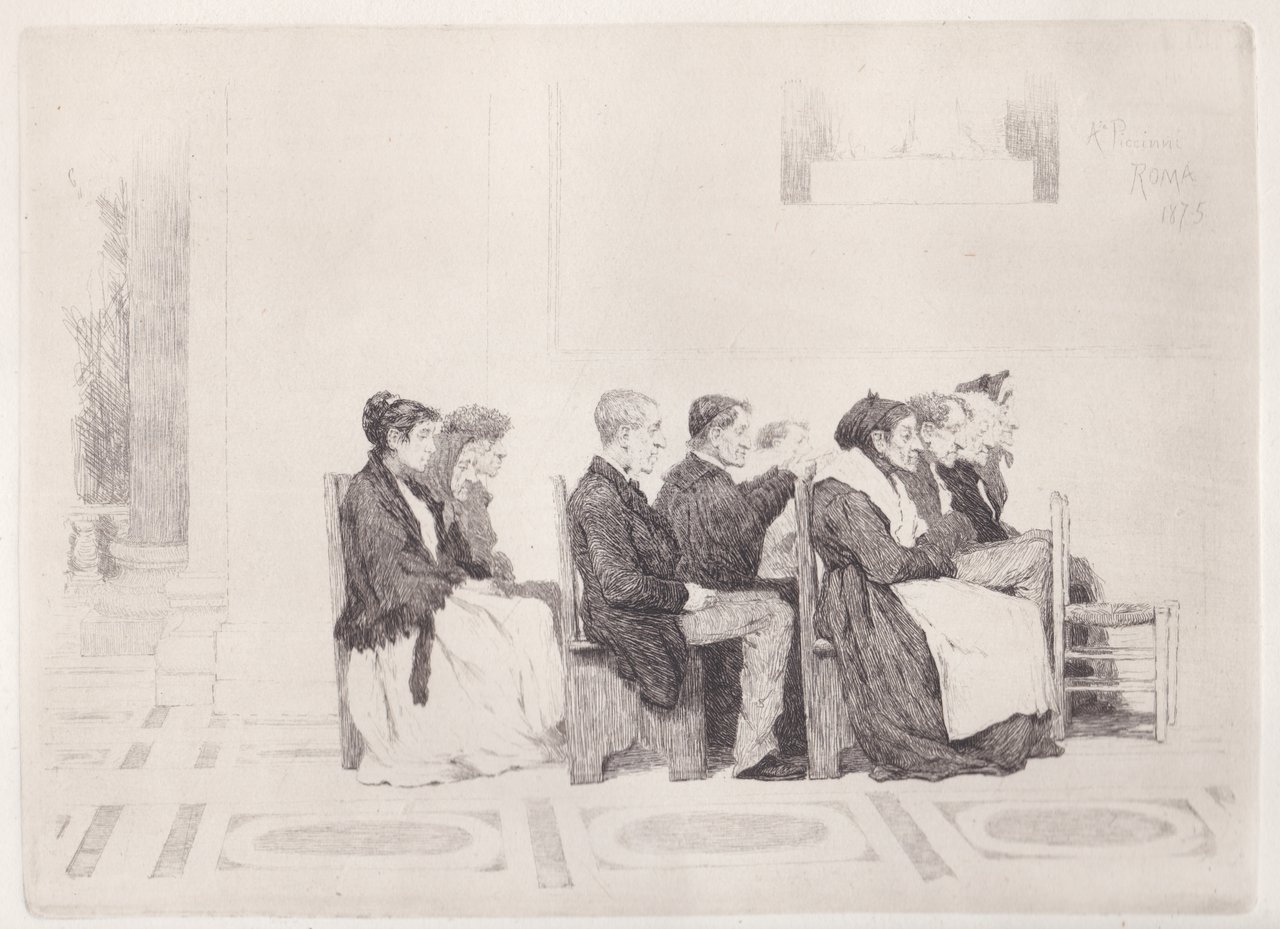 Uomini, donne e un prete in chiesa, 1875