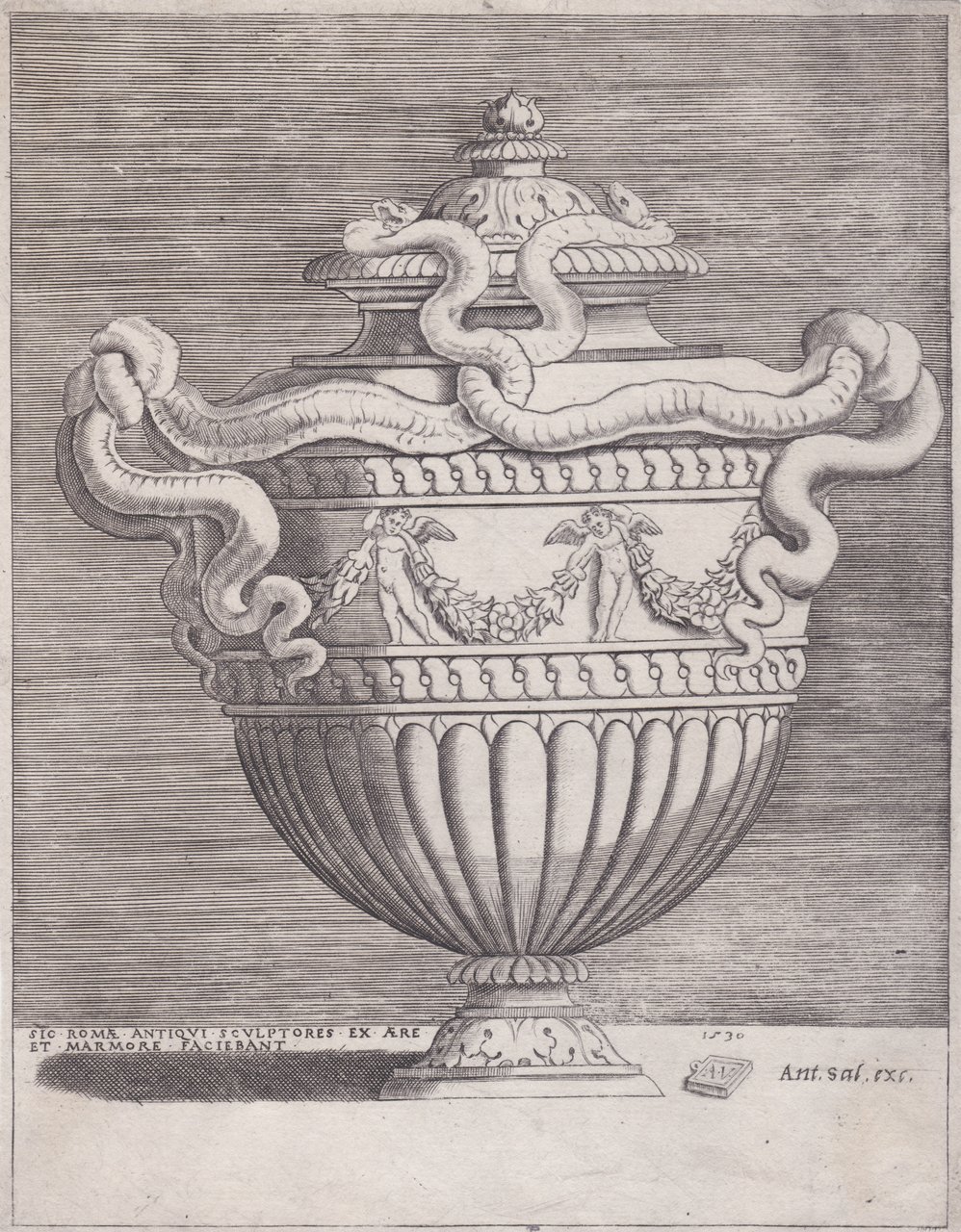 Vaso a due anse con due putti che reggono un …