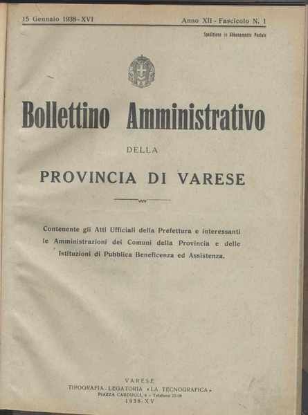 Bollettino amministrativo della Provincia di Varese annata completa del 1938 …