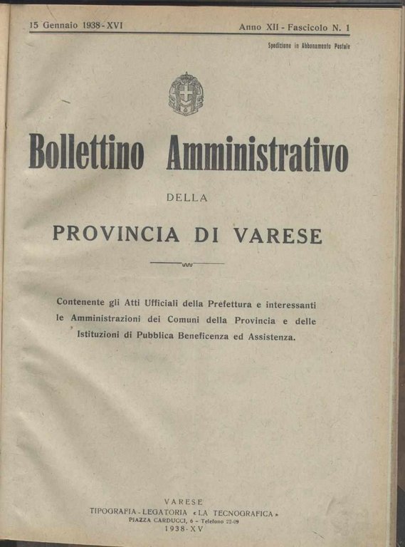 Bollettino amministrativo della Provincia di Varese annata completa del 1938 …