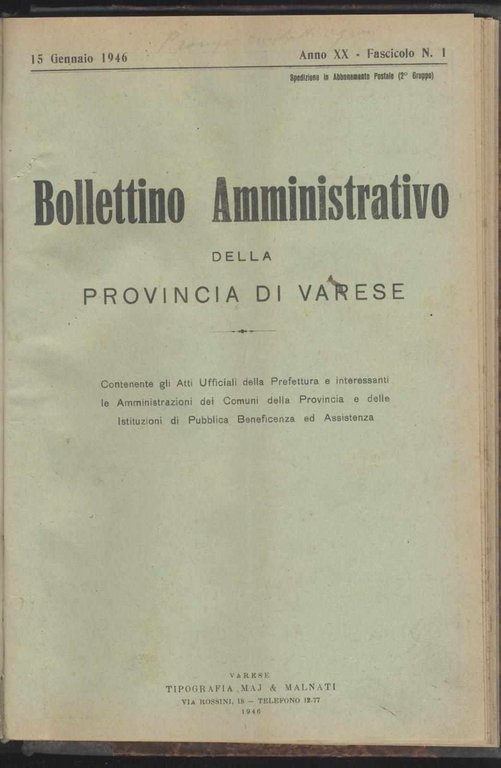 Bollettino amministrativo della Provincia di Varese annata completa del 1946 …