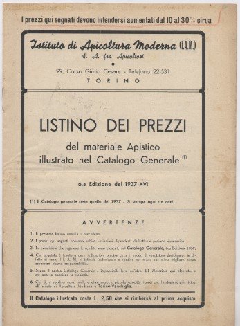 Listino dei prezzi del materiale apistico illustrato nel catalogo generale … | Immagine principale