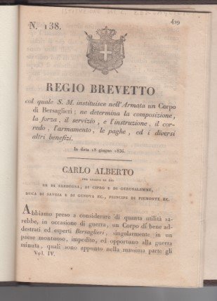 Regio Brevetto col quale S. M. instituisce nell'Armata un corpo … | Immagine principale