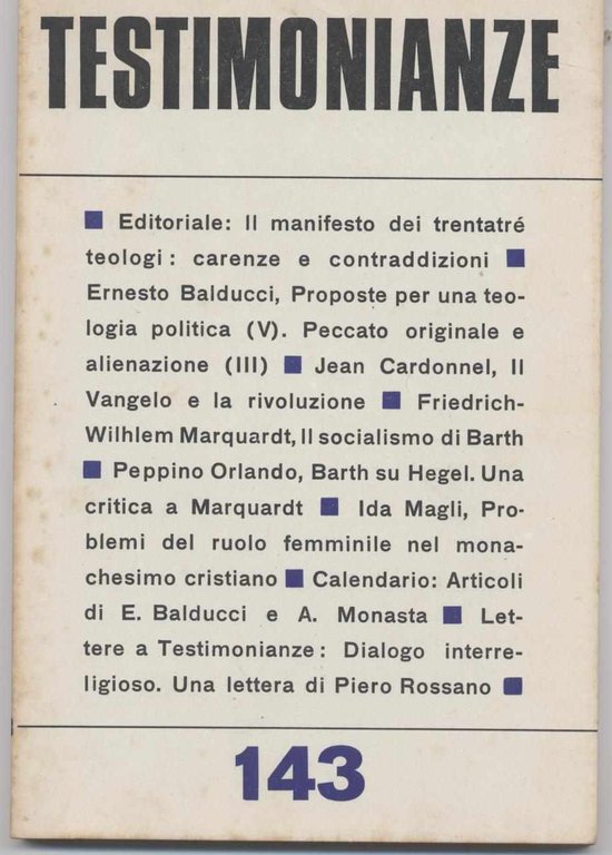 Testimonianze - n. 143 Aprile 1972 (Rivista religiosa a carattere …