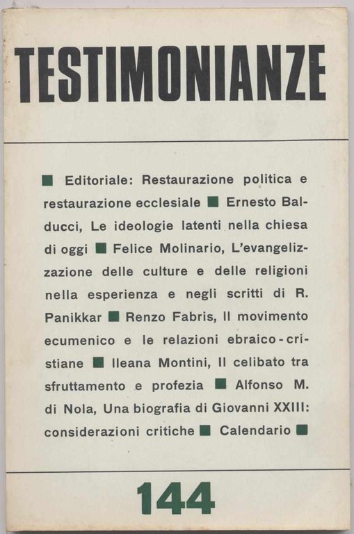 Testimonianze - n. 144 Maggio-Giugno 1972 (Rivista religiosa a carattere …