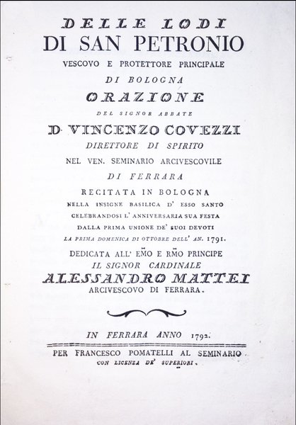 Delle lodi di San Petronio vescovo e protettore principale di …