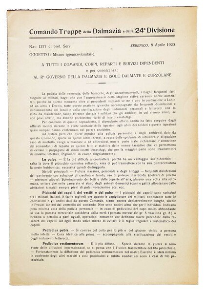 Misure igienico sanitarie - Sebenico, 8 Aprile 1920