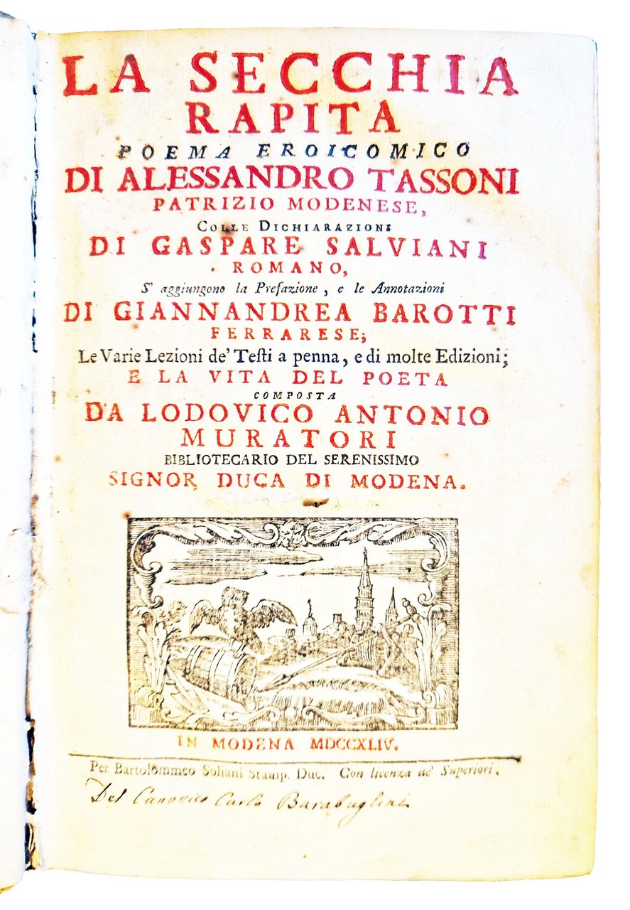 La secchia rapita poema eroicomico di Alessandro Tassoni patrizio modenese, … | Immagine principale
