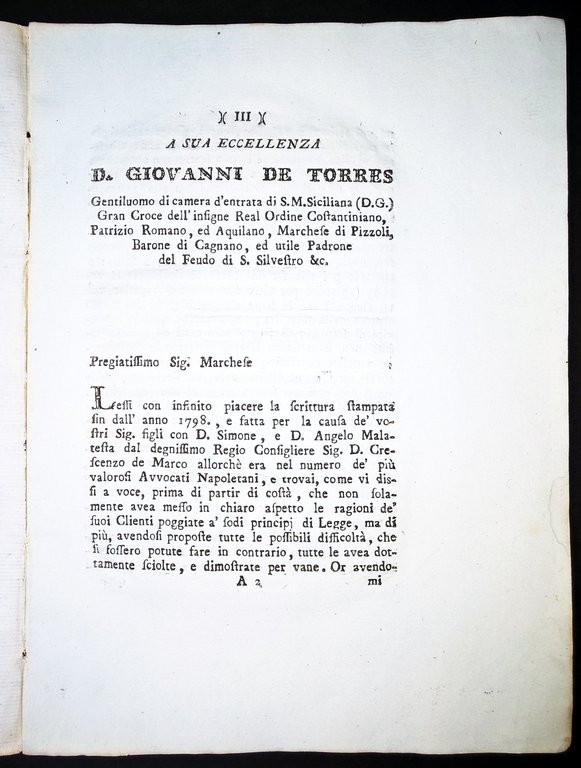 Lettera di D. Francesco Masci in risposta A.S.E. il marchese …