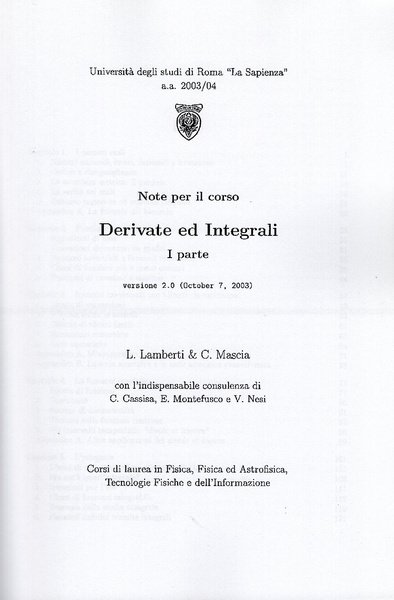Derivate ed integrali. 1 e 2 parte. Versione 2.0