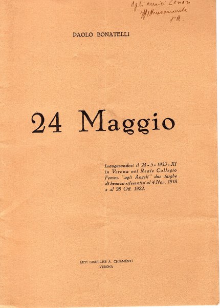24 maggio: inaugurandosi il 24-5-1933 11. in Verona nel Reale …