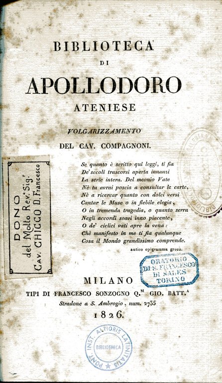 Biblioteca di Apollodoro ateniese volgarizzamento del cav. Compagnoni