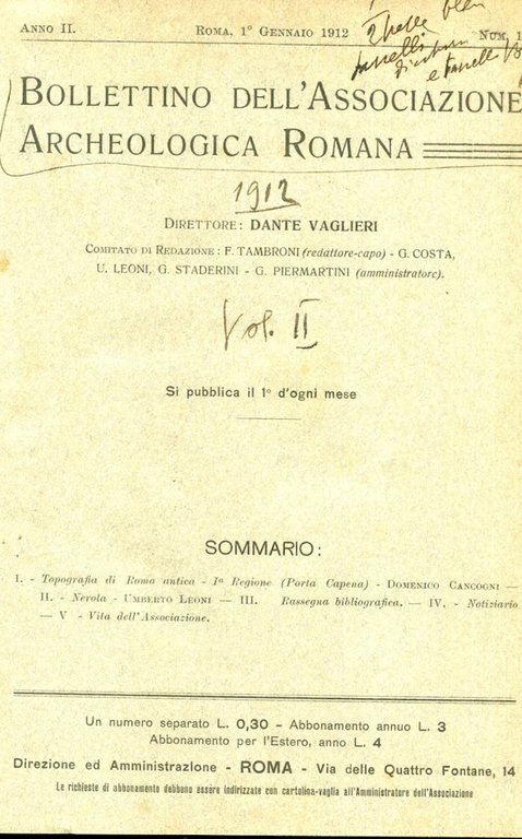 Bollettino dell'Associazione archeologica romana. Direttore Dante Vaglieri. Mensile. Anno II, …