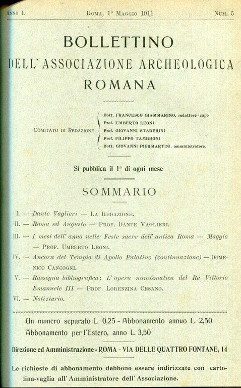 Bollettino dell'Associazione archeologica romana. Direttore G. Tomassetti poi Dante Vaglieri. …
