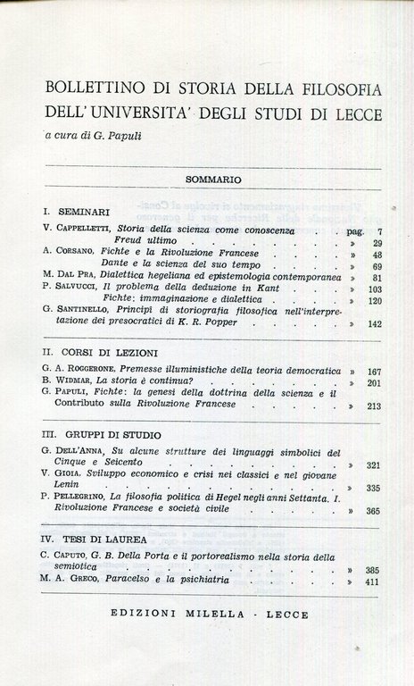 Bollettino di storia della filosofia dell'Università degli studi di Lecce. …
