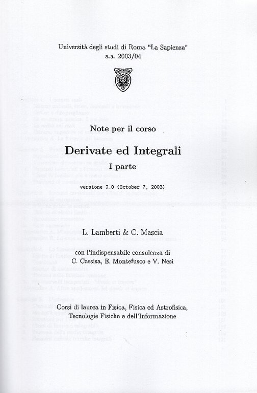 Derivate ed integrali. 1 e 2 parte. Versione 2.0