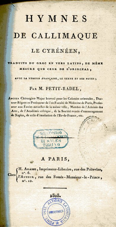 Hymnes de Callimaque le cyrénéen, traduits du grec en vers …