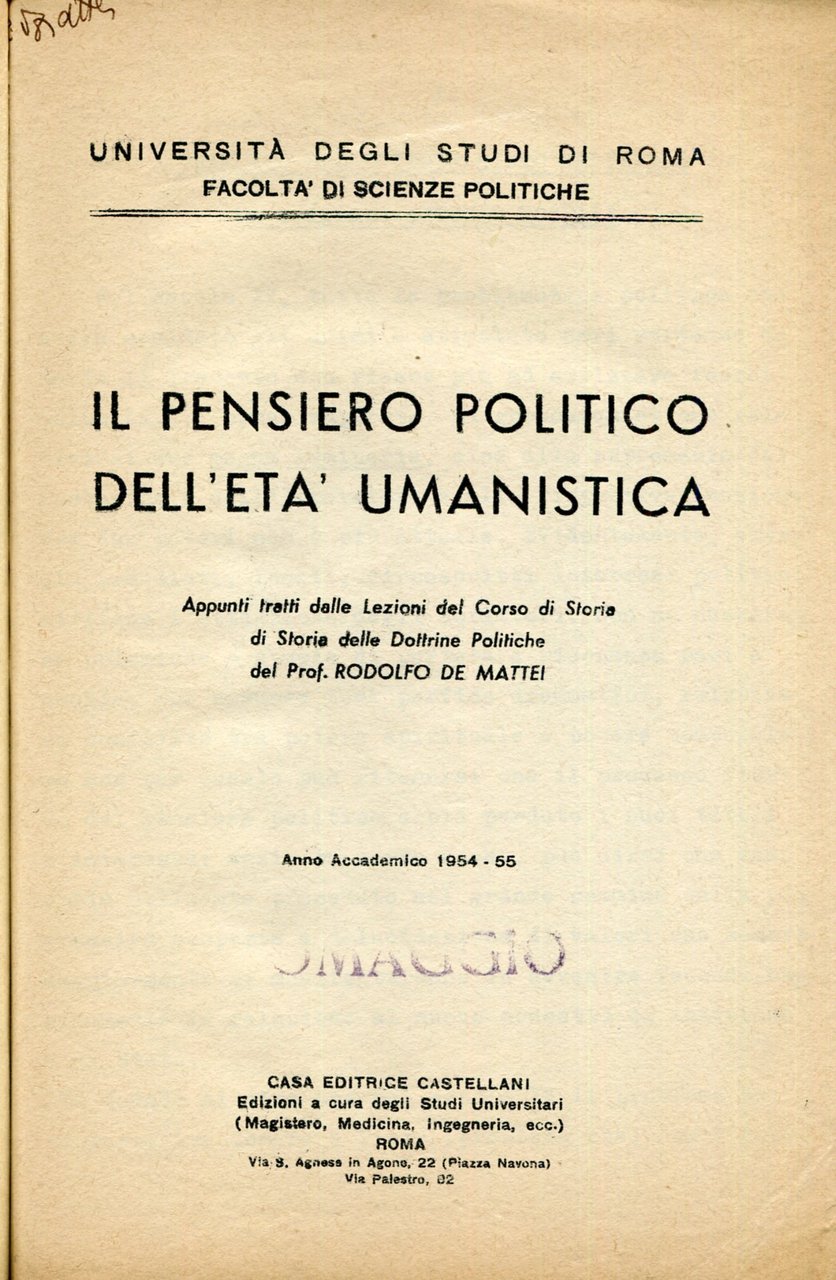Il pensiero politico dell'età umanistica. Appunti tratti dalle lezioni ... … | Immagine principale