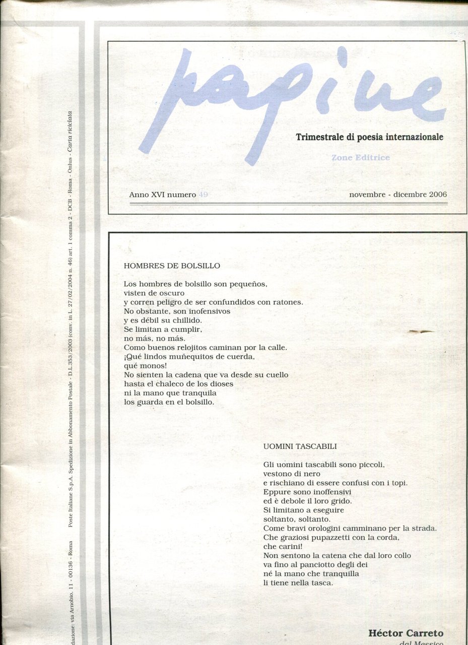 Pagine. Trimestrale di poesia internazione. Anno XVI n. 49. Novembre …