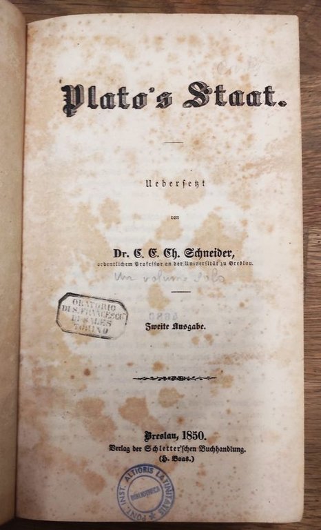 Plato`s Staat. Übersetzt von K. Schneider. 2. Ausgabe