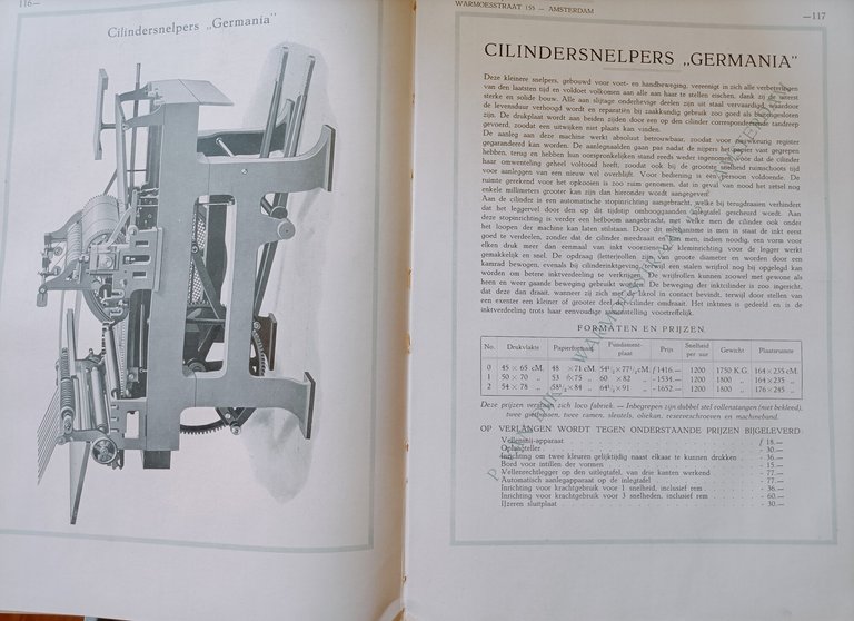 Prijscourant van Machines en Materialenvoor de Grafische Vakken. Warmoesstraat 155 …