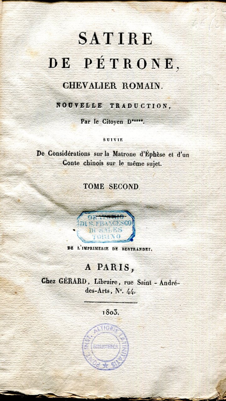 Satire de Pétrone, chevalier romain. Nouvelle traduction par le citoyen … | Immagine principale