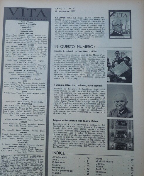 VITA - SETTIMANALE DI NOTIZIE - ANNO PRIMO 1959