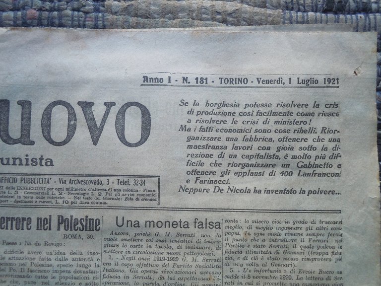 L'ORDINE NUOVO - QUOTIDIANO DEL PARTITO COMUNISTA - ANNO I. …