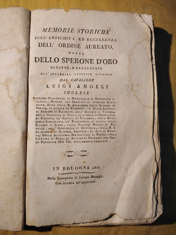 MEMORIE STORICHE SULL'ANTICHITÀ ED ECCELLENZA DELL'ORDINE AUREATO OSSIA DELLO SPERONE … | Immagine Gallery 1