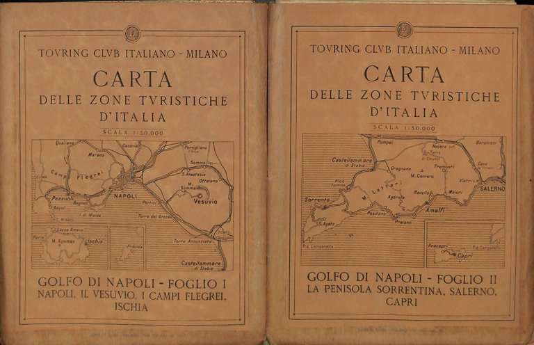 Carta delle zone turistiche d'Italia. Golfo di Napoli. Foglio I. Napoli, il Vesuvio, i Campi Flegrei, Ischia. Foglio II: La penisola sorrentina, Salerno, Capri